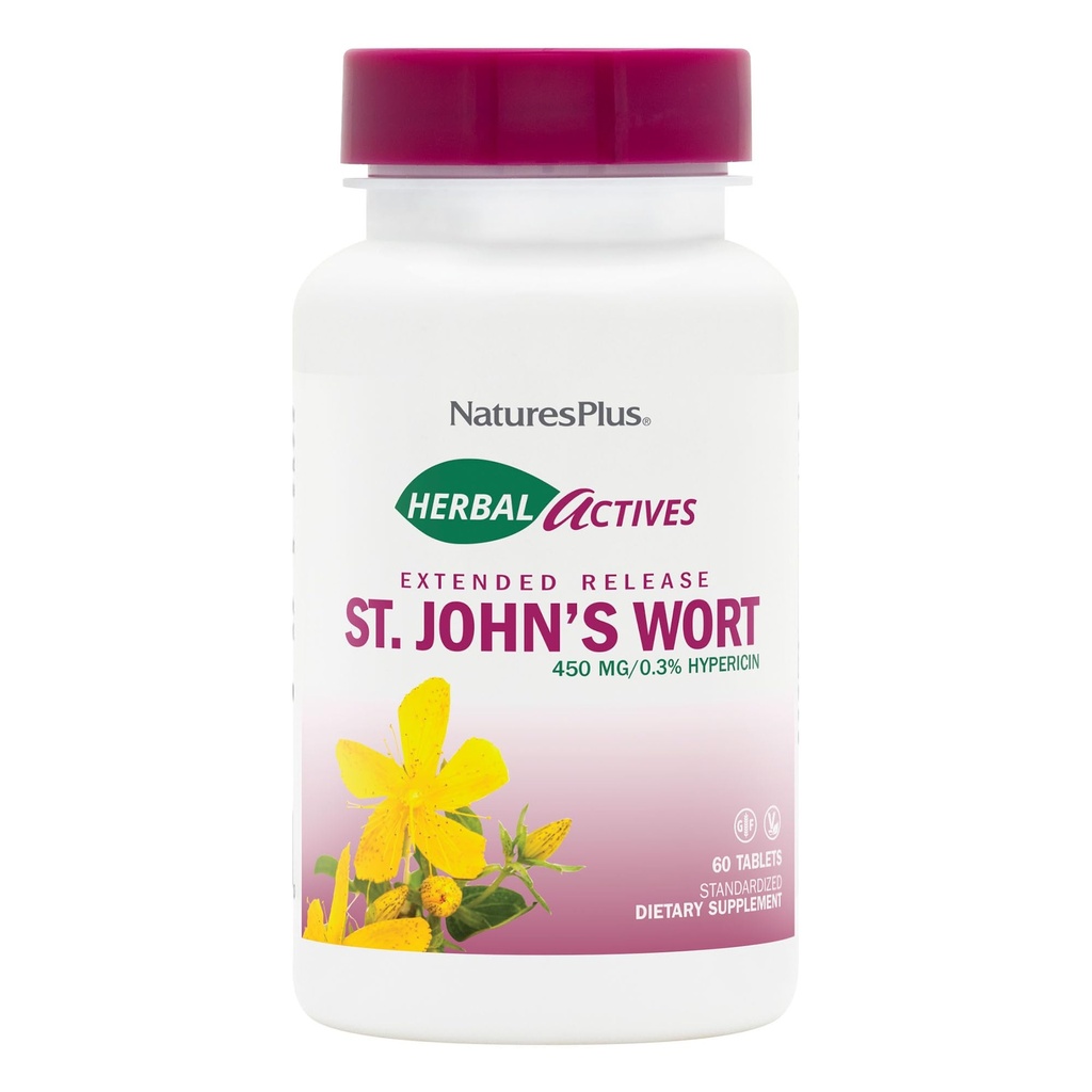 NaturesPlus Herbal Actives St John's Wort, libération prolongée - 450 mg, 60 comprimés végétaliens - Végétarien, sans gluten - 60 portions