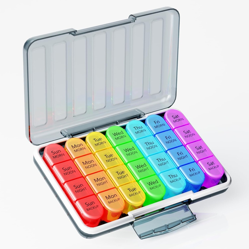 Zoksi Moisture-Proof Weekly Pill Organizer 4 Mal pro Tag, 7 Tage Pille Box 4X pro Tag, eine Woche Reise Pille Fall mit 28 tragbaren Komponenten, Medizin Container für Vitamine, Ergänzungen oder Medikamente