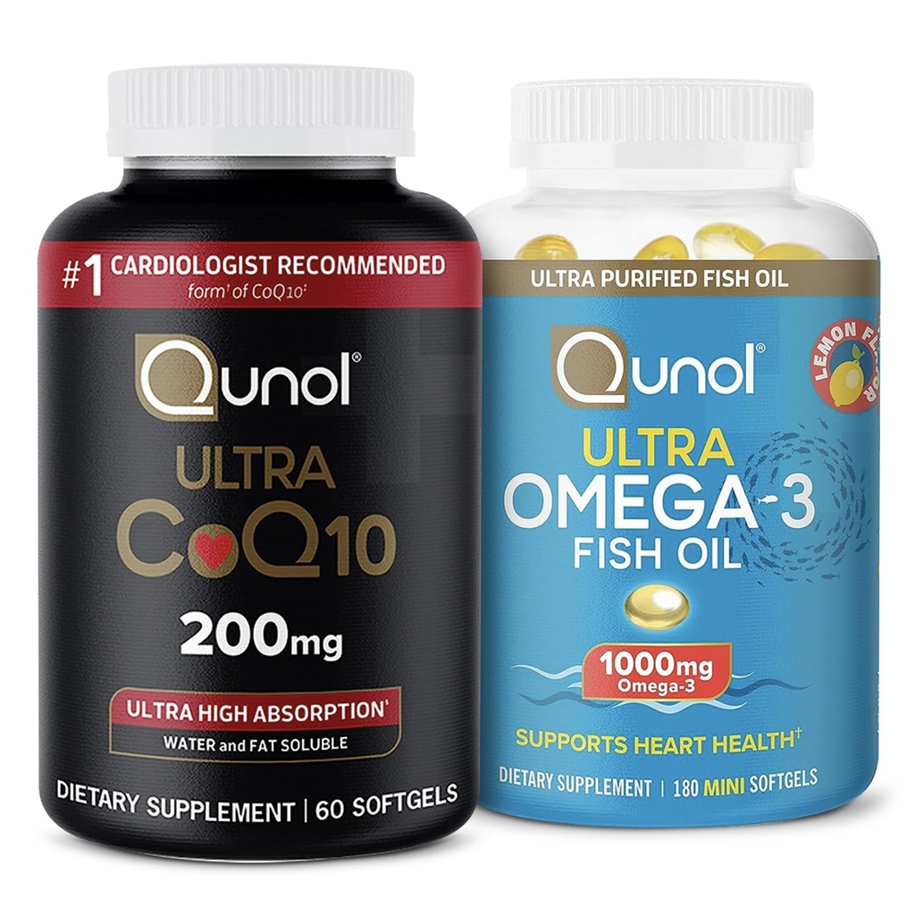 Qunol CoQ10 100mg Softgels, 3X bessere Absorption, 4 Monate Versorgung, 120 Zähler + Fischöl Omega 3 Mini Softgels, 1000mg Omega 3 EPA + DHA, 3 Monate Versorgung, 180 Zähler