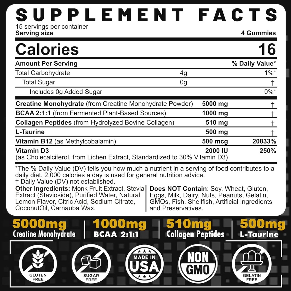 Men's & Women's Creatine Monohydrate Gummis Complex, 6-in-1 Chewable Pre-Workout Creatine mit BCAA, Collagen Peptides, L-Taurine, 15 Servierungen, Natural Lemon Flavor - 60 Count (Pack von 1)