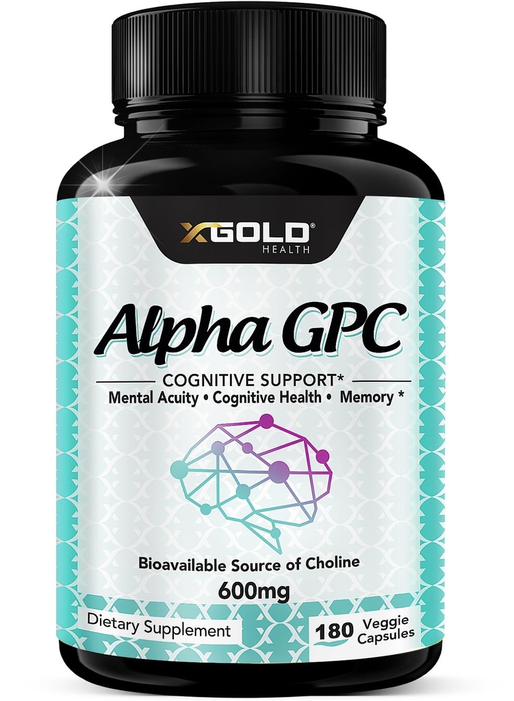 Alpha GPC Choline Supplement 600mg, 99%+ Hochgereinigte, hochverfügbare Quelle von Choline,180 Veggie Kapseln, Kognitive Enhancer Nootropic, unterstützt Memory & Gehirn Funktion, steigert Fokus & Stimmung