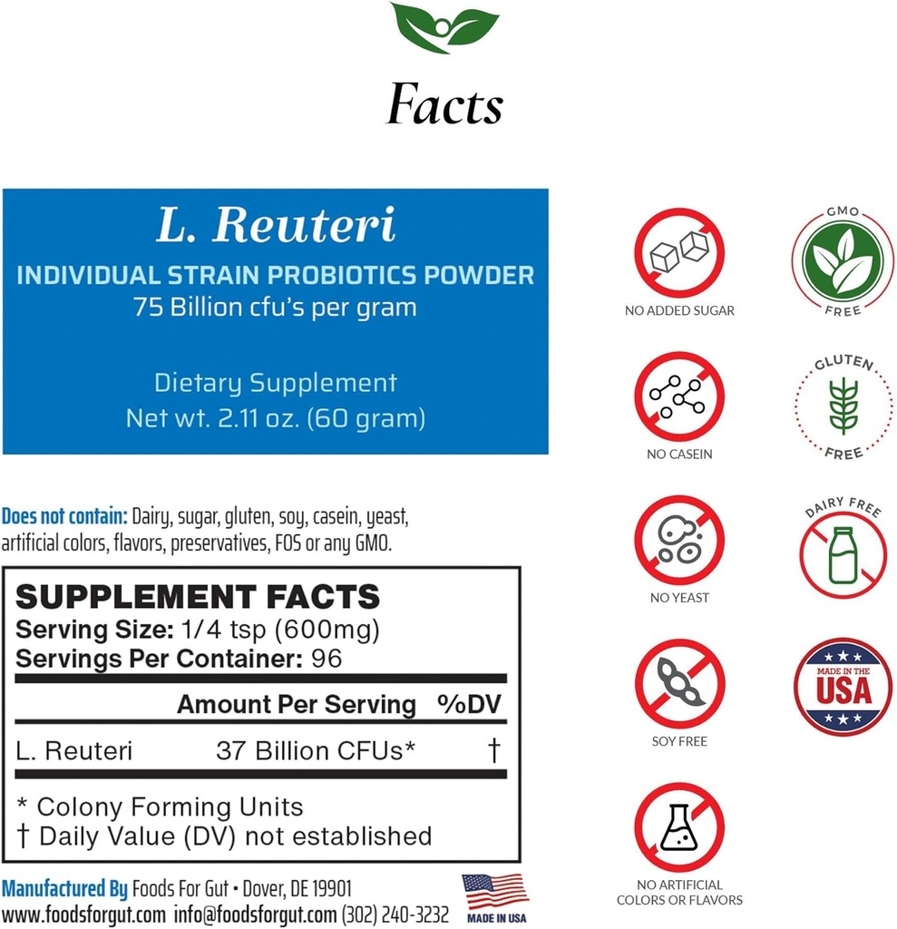 Lactobacillus Reuteri Probiotic Powder 75 Billion cfu's | Made in USA | No Additives | Direct from Manufacturer | No Third-Party Storage | Verdauungs- und Immununterstützung | L. Reuteri | 60 Gramm (2.11 OZ)