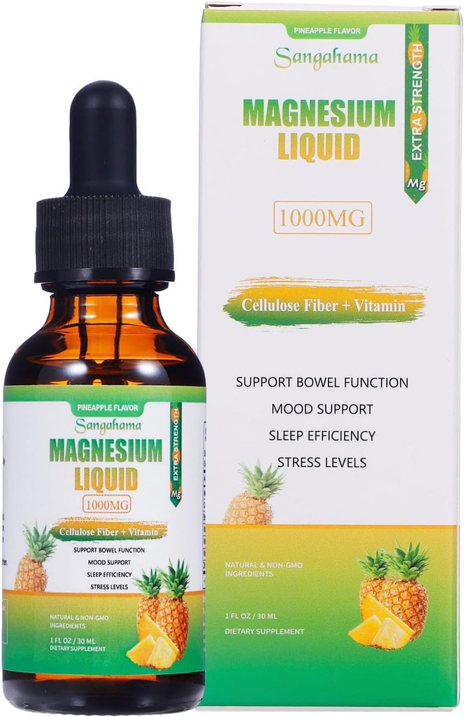 Magnesium Glycinate Liquid Drops, 1000mg Magnesium Liquid Supplement with Cellulose Fiber, Bromelain, Vitamin B6, C, D, Zinc, Non-GMO, Pineapple Flavor(1fl oz)