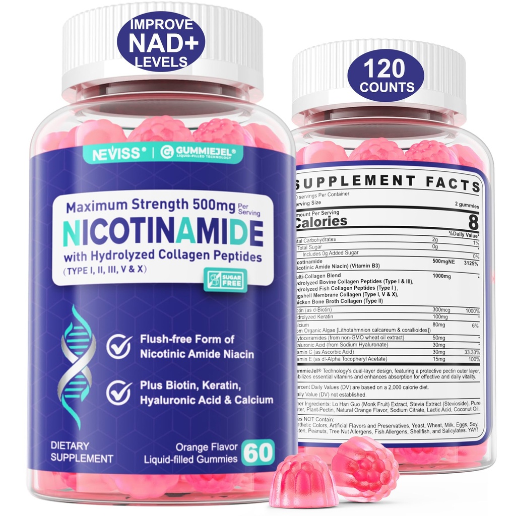 2 Pack - Nicotinamide 500mg Gommies, supplément NAD+ pour les femmes et les hommes avec peptides de collagène, (Niacine libre de flush) vitamine B3 Niacinamide pour anti-âge, NAD+ Niveaux, Longévité, Focus & Cerveau, Sans sucre