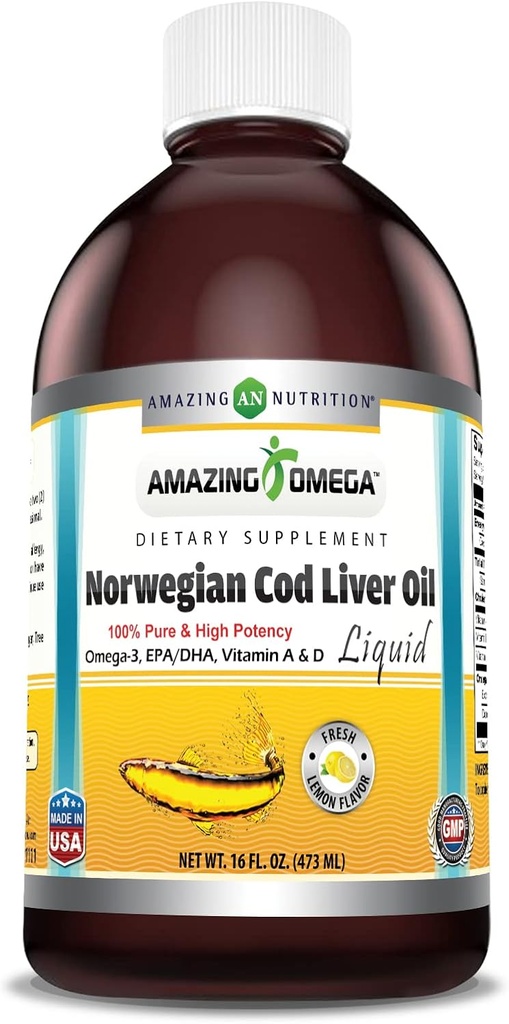 Amazing Omega Norwegian Liquid Fish Oil | 16 Oz | 1625Mg Omega -3s, DHA, EPA per Serving | Fresh Lemon Flavor | Non-GMO | Gluten-Free | Made in USA