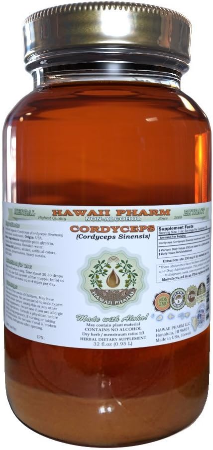 Cordyceps Alkoholfreier Flüssigextrakt, Cordyceps (Cordyceps Sinensis) Pilz Glycerite Hawaii Pharm Natural Herbal Supplement 32 oz Unfiltriert