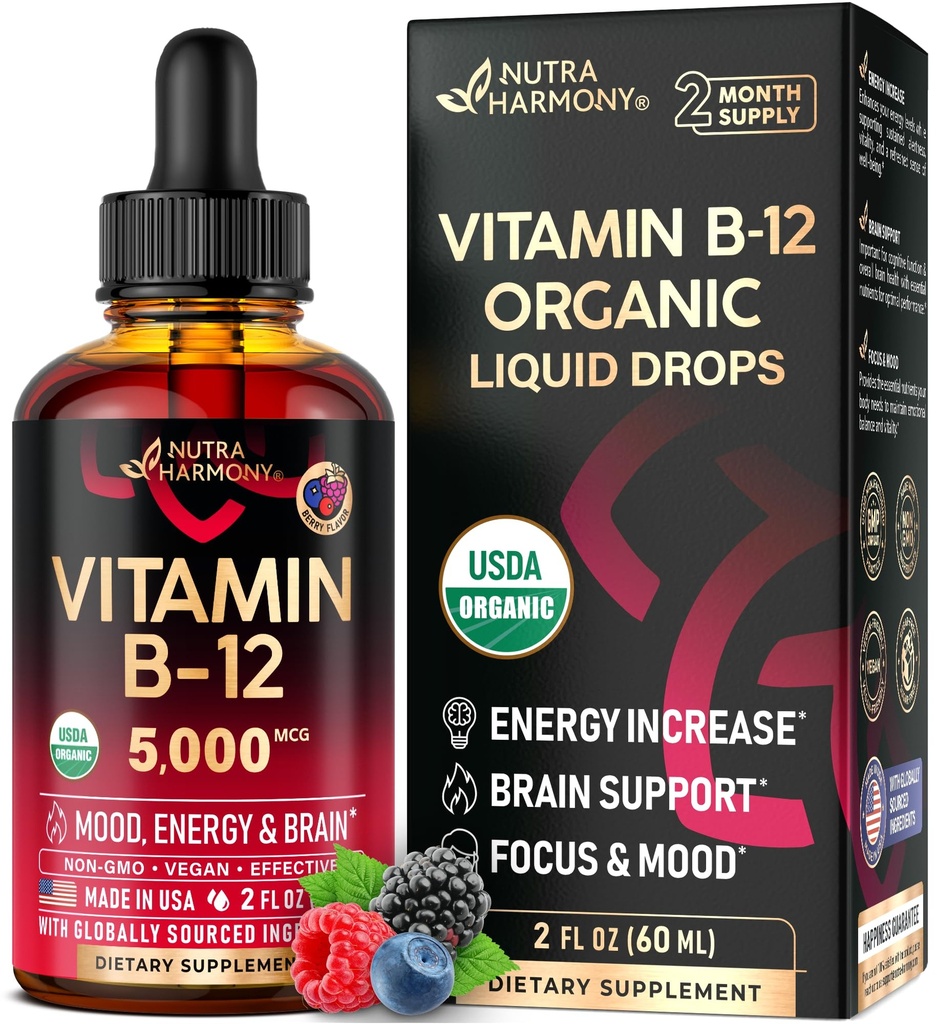 USDA Organic Vitamin B12 Sublingual Drops - 5000 mcg Liquid Vegan Methylcobalamin für Damen und Herren - Energy Boost, Focus & Mood, Brain Health Support - Maximize Absorption - 2 Month Supply, 2 fl oz