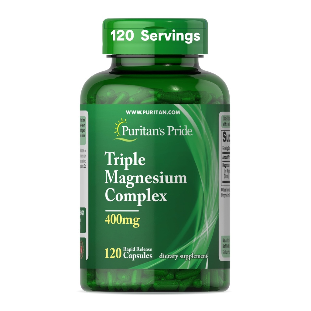 Puritan's Pride Triple Magnesium Complex mit Magnesiumoxid, Aspartat und Citrate 400mg, Nahrungsergänzung für Muskel-, Herz-, Nerven- und Knochenunterstützung, 120 Rapid Release Capsules
