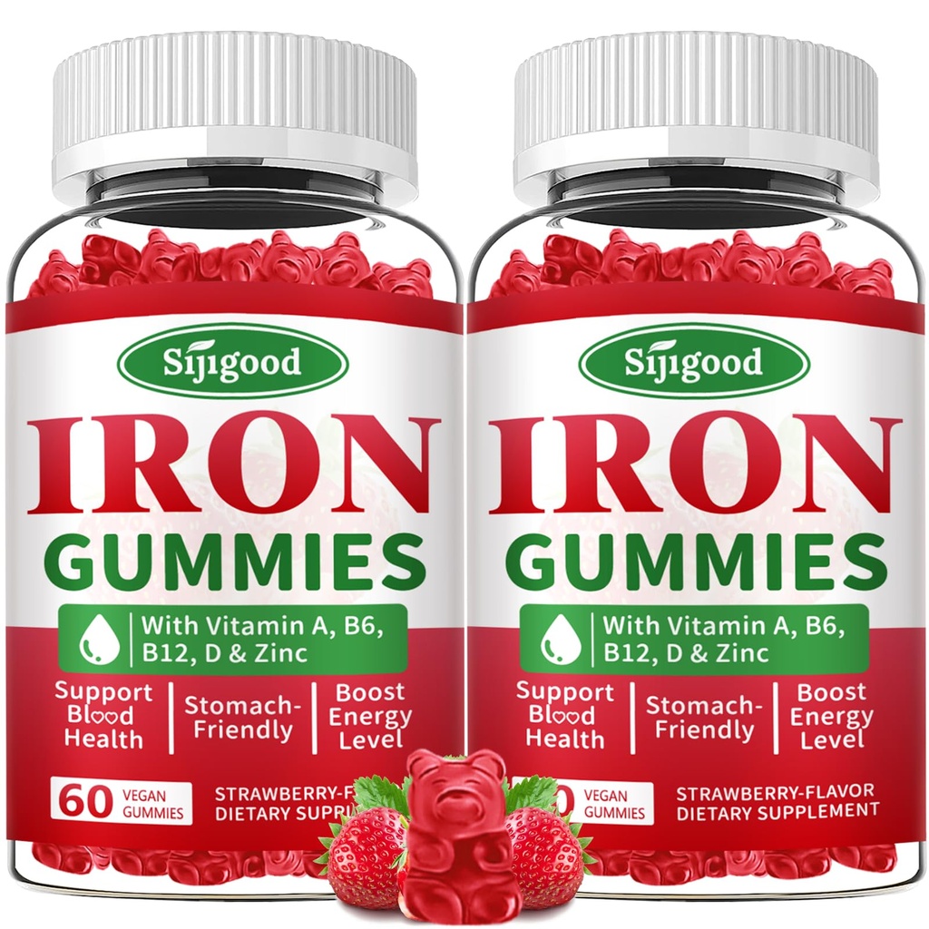 2 Pack Eisengummis für Damen und Herren - Vegane Eisen-Ergänzung für Anämie & Eisenmangel, mit Vitamin B12, Vitamin C, Zinc, Folate - Energie-Boost, Zuckerfrei, Erdbeer-Flamour, 120 Count