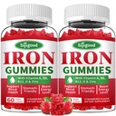 2 Pack Eisengummis für Damen und Herren - Vegane Eisen-Ergänzung für Anämie & Eisenmangel, mit Vitamin B12, Vitamin C, Zinc, Folate - Energie-Boost, Zuckerfrei, Erdbeer-Flamour, 120 Count