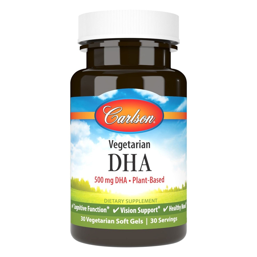 Carlson - Végétarien DHA, 500 mg DHA, base végétale, source durable d'algues, soutien du cerveau, santé de l'humeur, 30 softgels