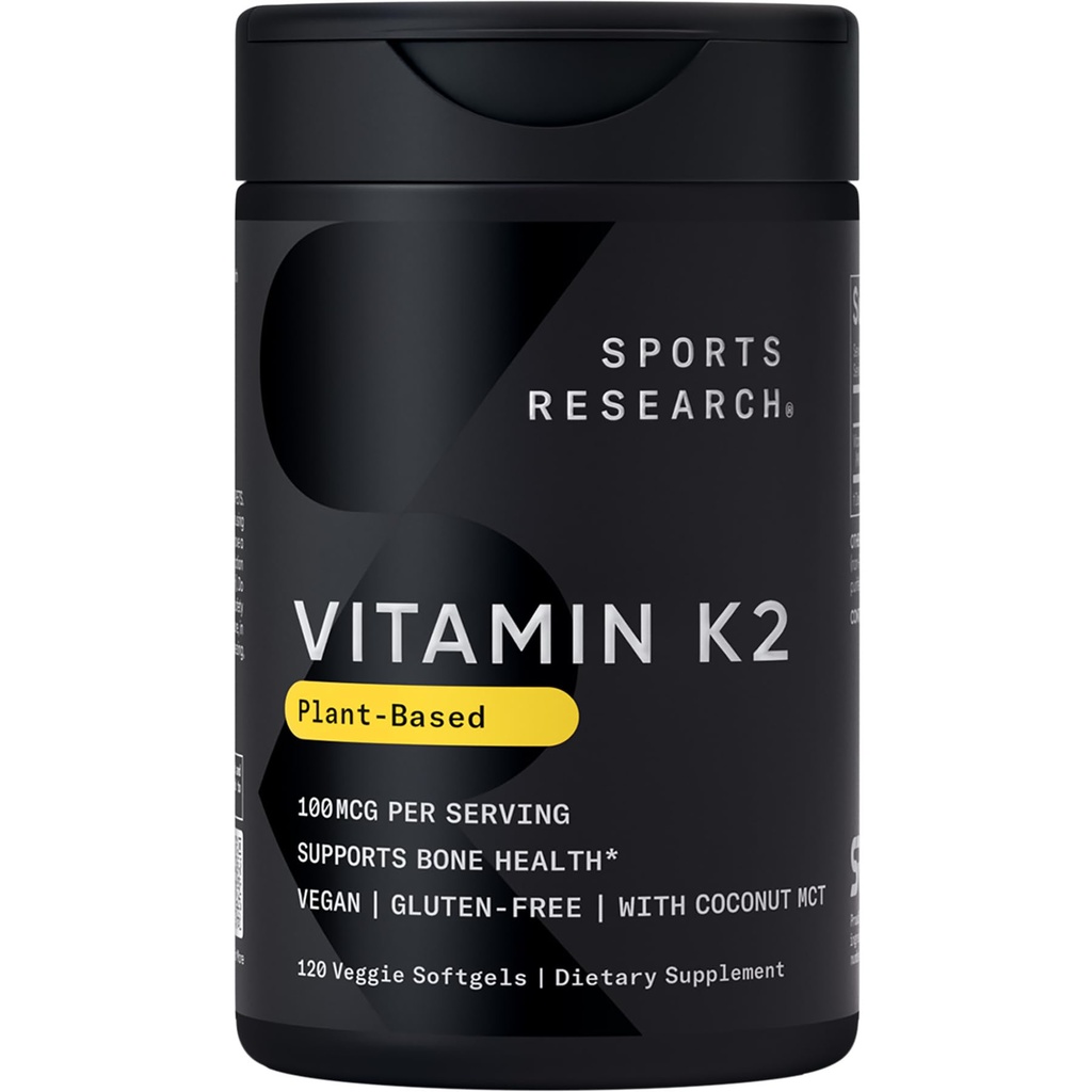 Recherche sportive Vitamine K2 comme MK-7 100mcg avec huile de noix de coco MCT - 120 softgels veggie (4 mois d'approvisionnement) Vegan certifié, non-OGM vérifié, sans gluten et sans soja