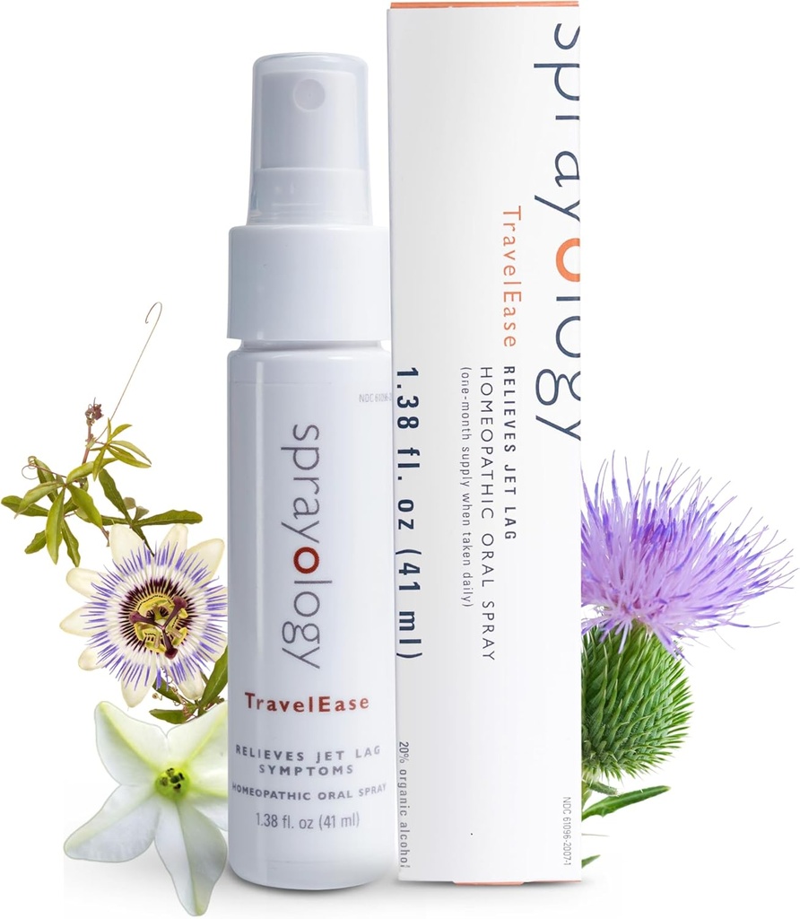 Sprayology TravelEase | Homeopathic Jet Lag Relief Spray | Eases Müdigkeit, Schlaflosigkeit, Disorientation & Dehydration | Oral Spray mit Nux Vomica, Passionflower & Milk Thistle (1.38 fl oz)