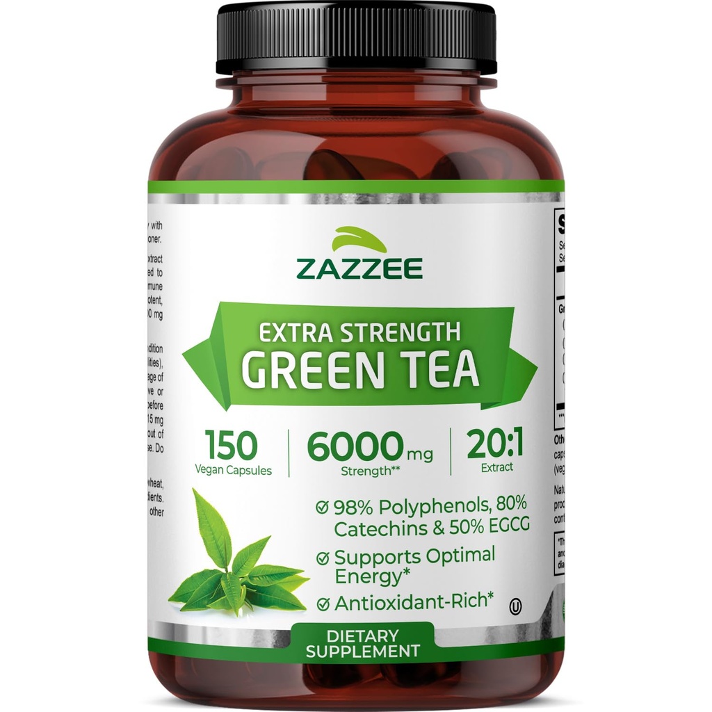 Zazze Extra Strength Green Tea 20:1 Extrakt, 6000 mg Stärke, 50% EGCG, 98% Polyphenole und 80% Catcehins, 150 Vegan Kapseln, 5 Monate Versorgung, Standardisiert und konzentriert 20X Potency, Non-GMO