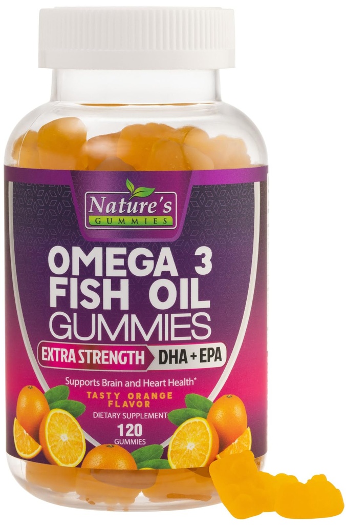 Omega 3 Fish Oil Gummis, Herz Gesund Omega 3 Gummy Supplement mit hoher Absorption DHA & EPA, Extra Strength Joint & Brain Support, Delicious Orange Flavor Fish Oil Nature's Vitamin - 120 Gummis