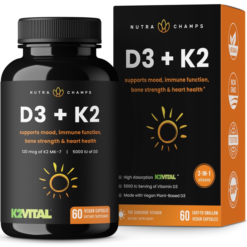 NutraChamps D3 mit K2 MK7 Nahrungsergänzung für Herz & Knochen Gesundheit | Vitamin D & K Complex | 5000 IU Vitamin D 3 & 100 mcg Vitamin K 2 MK-7 | 60 Vitamin K2 D3 Kapseln
