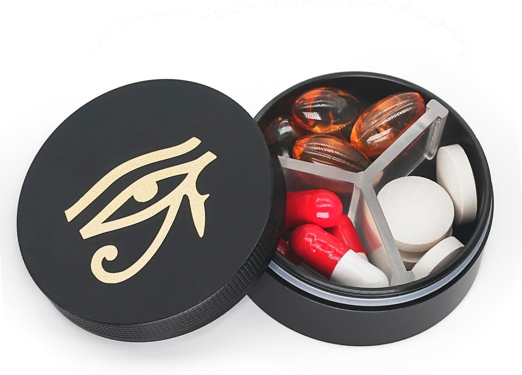 Small Pill Case 3 Komponenten, Metall Runde Tragbare Pille Box, Wasserdichte Reise Pille Organizer, Pocket Purse Medizin Vitamin Holder EDC Container (Schwarz mit Auge)