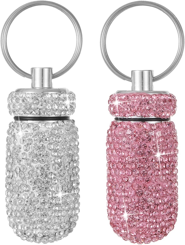 Bling Pill Case Portable Travel Pill Container Bottle Rhinestone Waterproof Small Pill Holder with Keychain Cute Mini Pill Storage Box for Outdoor Camping (White Pink)
