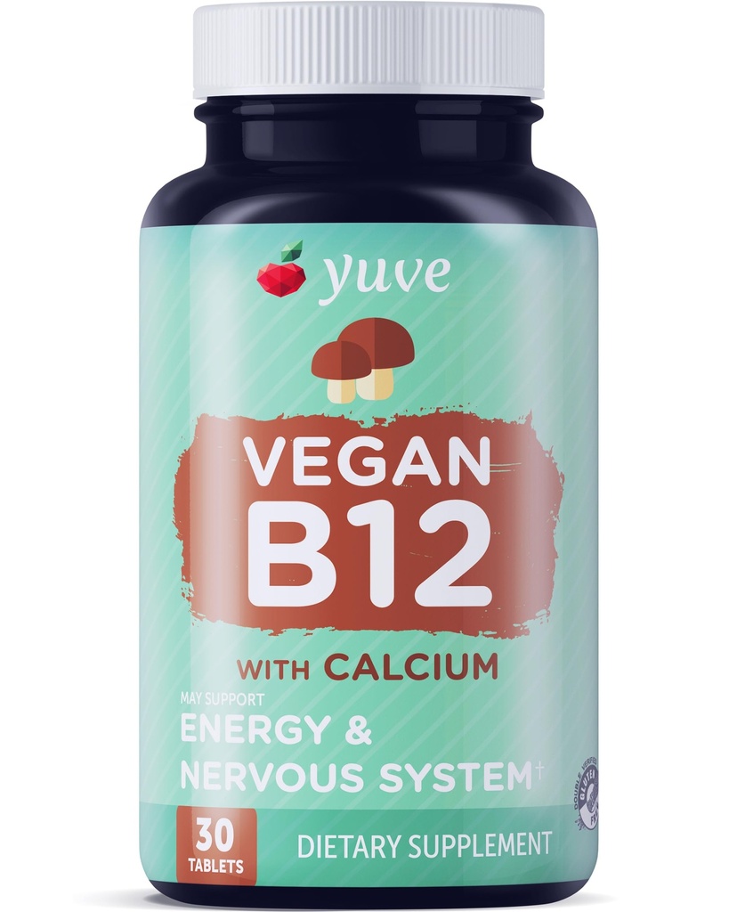Yuve Vegan B12 mit Kalzium für maximale Absorbtion - Active Energy & Central Nervous System Support - 1000mcg Cobalamin Vitamin B 12 - Natürlich, Non-GMO, Glutenfrei, Sugar-Free - 30 Tabs