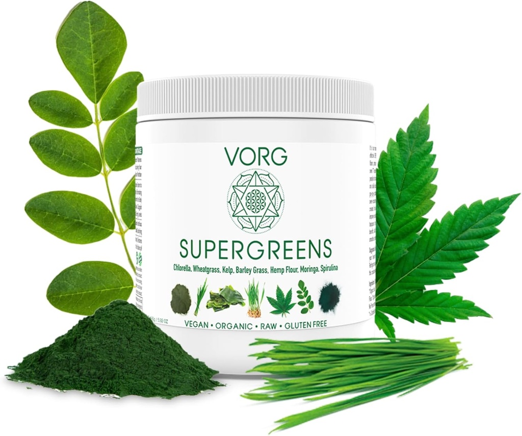 VORG SuperGreens - #1 Green Superfood Powder mit Chlorella, Gerste Grass, Moringa, Kelp, Spirulina, Wheatgrass - 100% Organic - Probiotics, Fiber & Enzymes (1 Woche Versorgung)