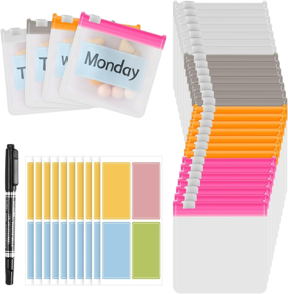 MARFOREVER 39 Pcs Pill Pouch Bags - Pill Pouches Small Medicine Bags Reise Pille Organizer Wiederverwendbar Translucent Self Sealing 28 Stück Kunststoff Pille mit Slide Lock 10 Blatt Etiketten und 1 Stück Marker