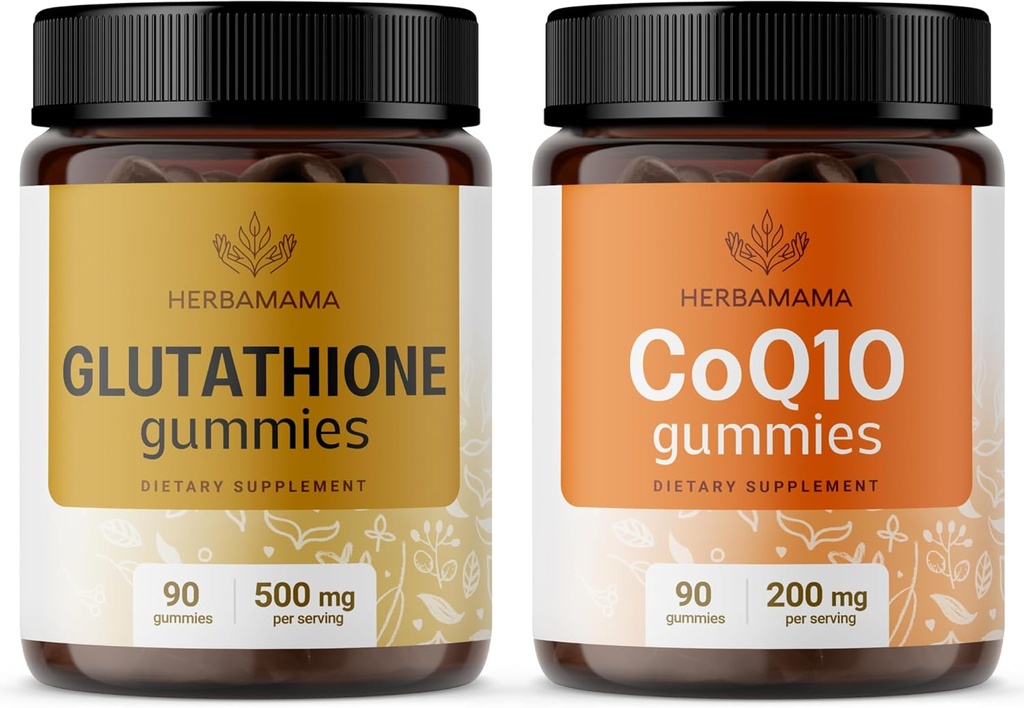 HERBAMAMA Glutathione und CoQ10 Kit - Bundle von 500 mg Reduzierter L-Glutathion und 200 mg CoQ10 Gummi - Vegan, Non-GMO, Gelatin-Free - 2 Pack