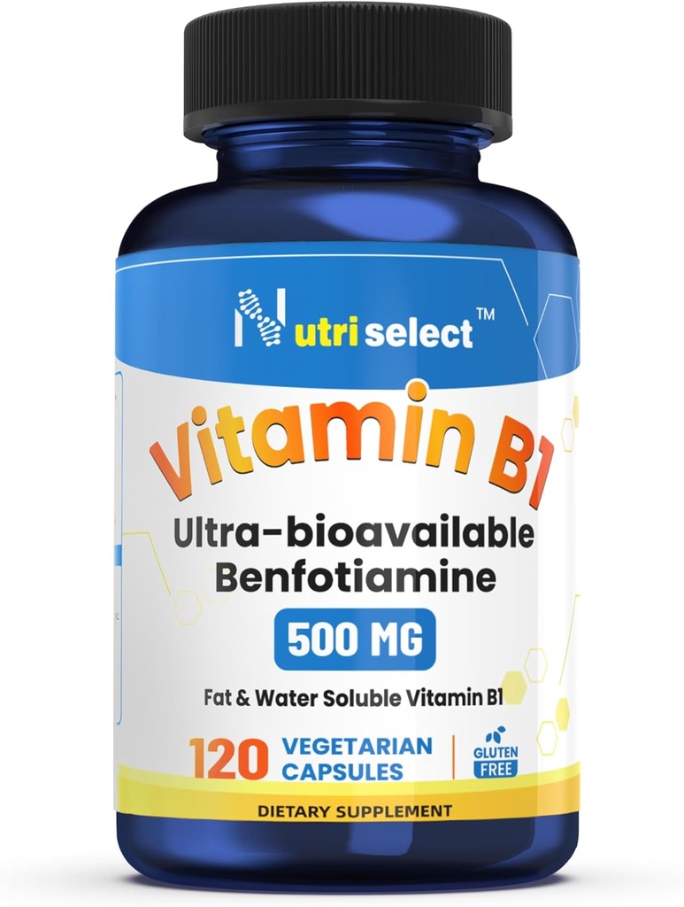 120 capsules délivre 500 mg de vitamine B1 dans ce supplément de benfotiamine, qui est non-OGM, végétalien et sans gluten