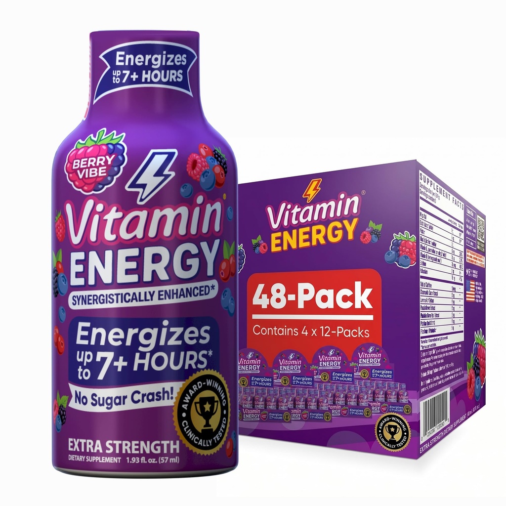 Vitamin Energy Mood+ Extra Strength Energy Shot Tropical Berry 48 Pack, 260mg Natural Caffeine, B-Vitamine, Rhodiola, Kamille, Mood & Energy Support, Zero Sugar, Gluten-Free, Vegan, 1,93 fl oz