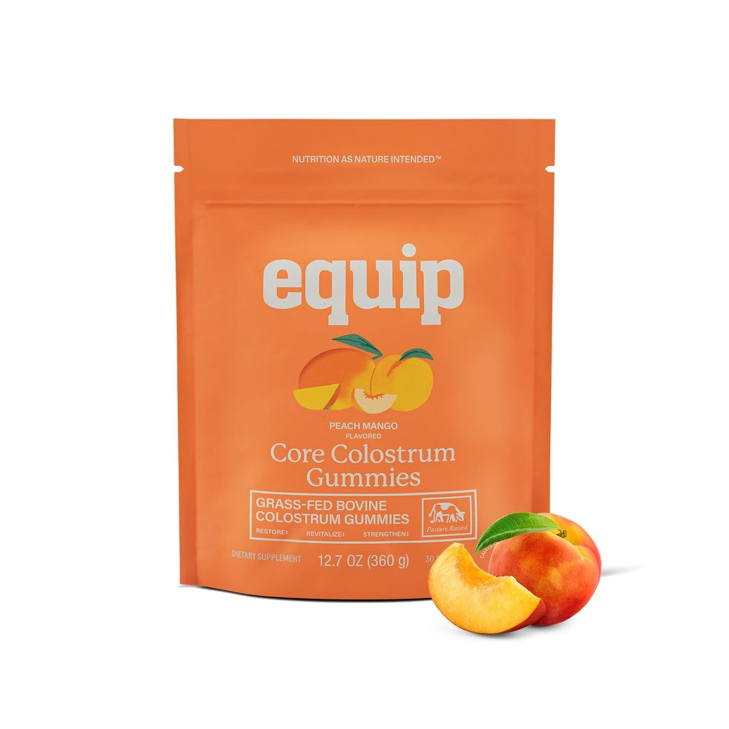 Equip Foods Core Bovine Colostrum Gummis, Delicious 1g Per Seving Grass Fed Colostrum Supplement - Gut Gesundheit, Immunität, Erholung, Haar & Haut - 60 Bovine Colostrum Gummis, 30 Servierungen, Peach Mango