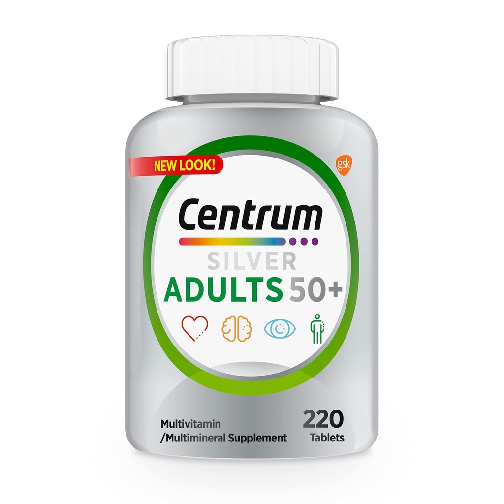 Centrum Silver Multivitamin for Adults 50 Plus, Multivitamin/Multimineral Supplement, Vitamin D3, B Vitamins, Gluten Free, Non-GMO Ingredients, Supports Memory and Cognition in Older Adults - 220 Ct