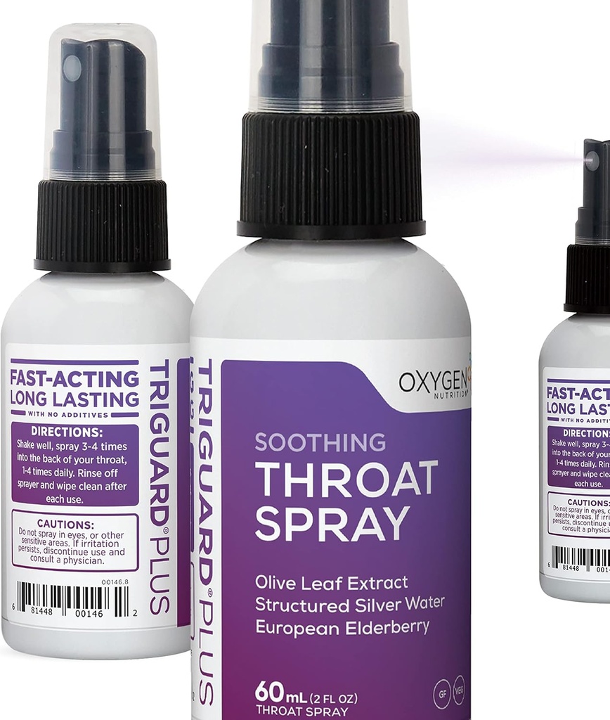 TriGuard Plus Throat Spray à la Gorge. Extrait de mûre, extrait de feuille d'olive et colloïdal argent Eau 3-en-1 Immune Support Spray à la Gorge.