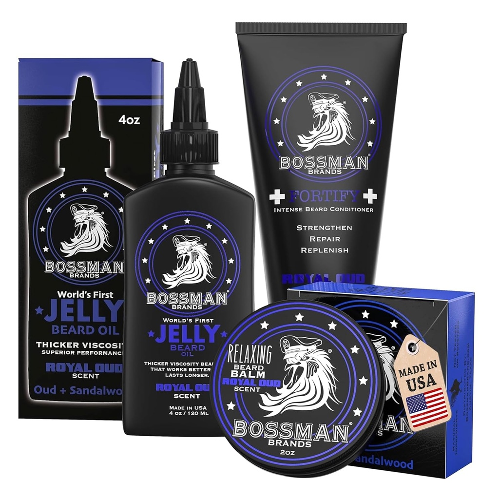 Bossman Essentials Bart Kit für Herren, Set von 3 - Bartöl Gelee, Fortifying Conditioner Cream, Bart Balm - Grooming Growth Care Zubehör - Geschenkset für Herren (Royal Oud)