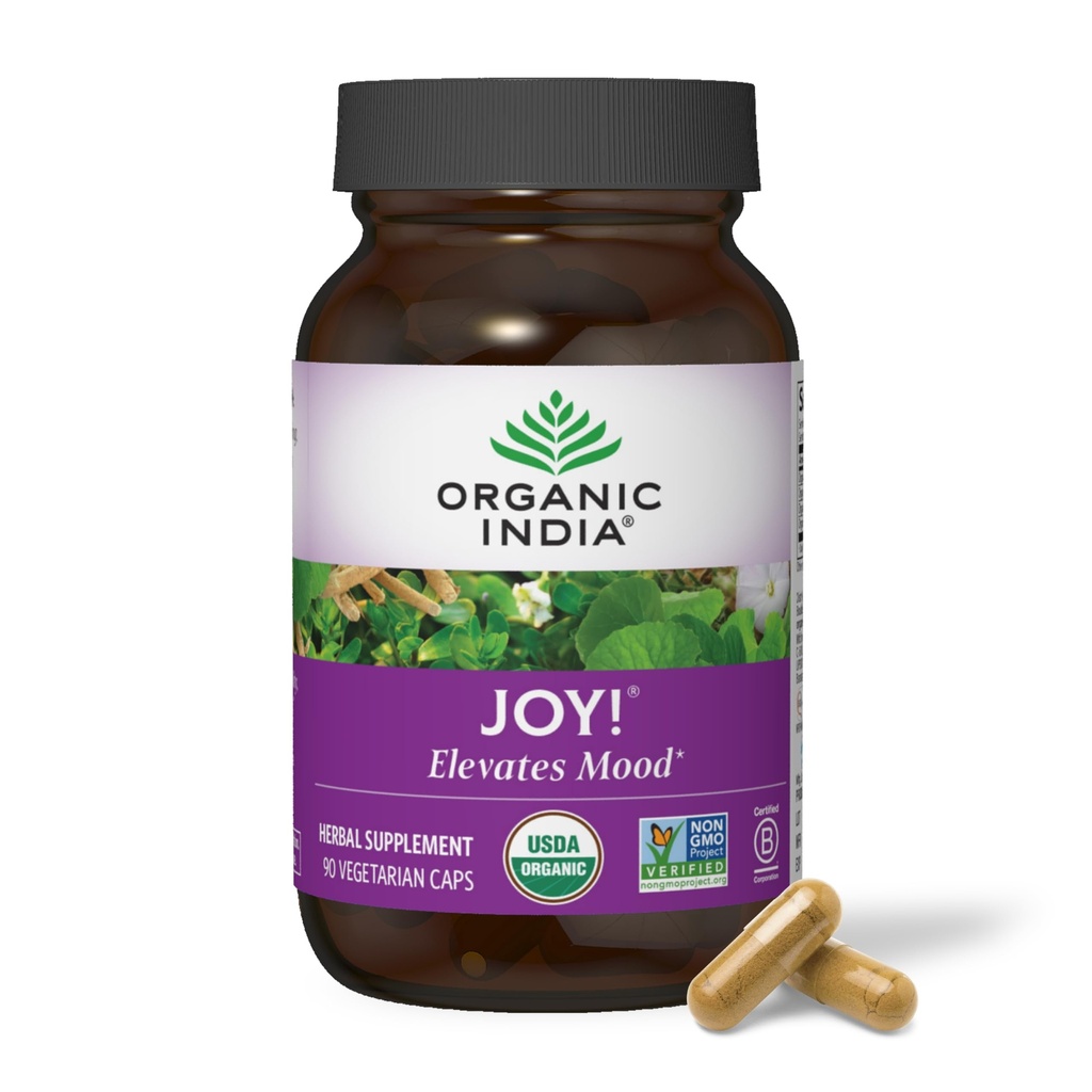 ORGANIC INDIA Joy Kräuterergänzung - Immununterstützung, fördert Gedächtnis & Konzentration, Vegan, Gluten-Free, Kosher, USDA Certified Organic, Non-GMO, Calming - 90 Kapseln