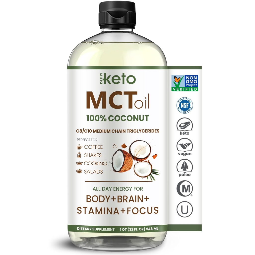 Keppi MCT Öl - Von 100% Kokosnüsse - Flavorless C8 und C10, Non-GMO, Certified Gluten-Free, Palm Oil Free, Vegan, Kosher, Halal, 32 Unzen Kokosöl