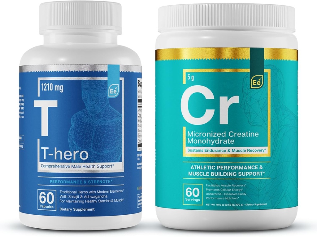 Wesentliche Elemente T-Hero + Micronized Creatine Monohydrate | Male Health Supplement - Muskelunterstützung &amp; T-Gesundheit