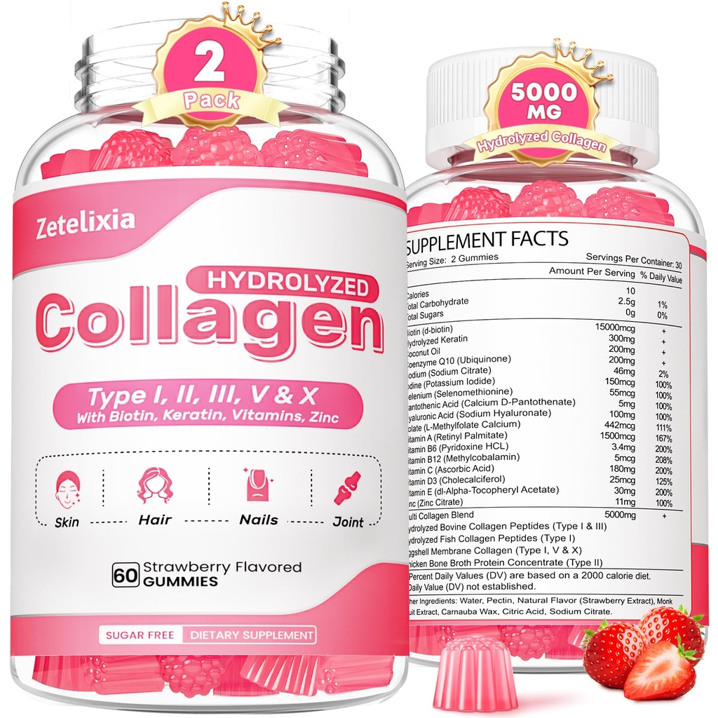 2 Pack Kollagengummis für Frauen Männer, hydrolysierte Collagen Peptid Typ I,II,III,V,X mit Biotin, Vitamin C A B D E für Haut Haarnägel J0ints, Immunität Energie Digestion, Sugar Free, 120 Count