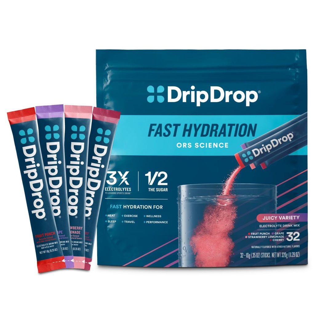 DripDrop Hydration Packets - Juicy Variety Pack - Single Serve Electrolytes Powder Drink Mix - Grape, Fruit Punch, Strawberry Lemonade, Kirsche - Non-GMO, Gluten Free, Vegan - 32 Sticks