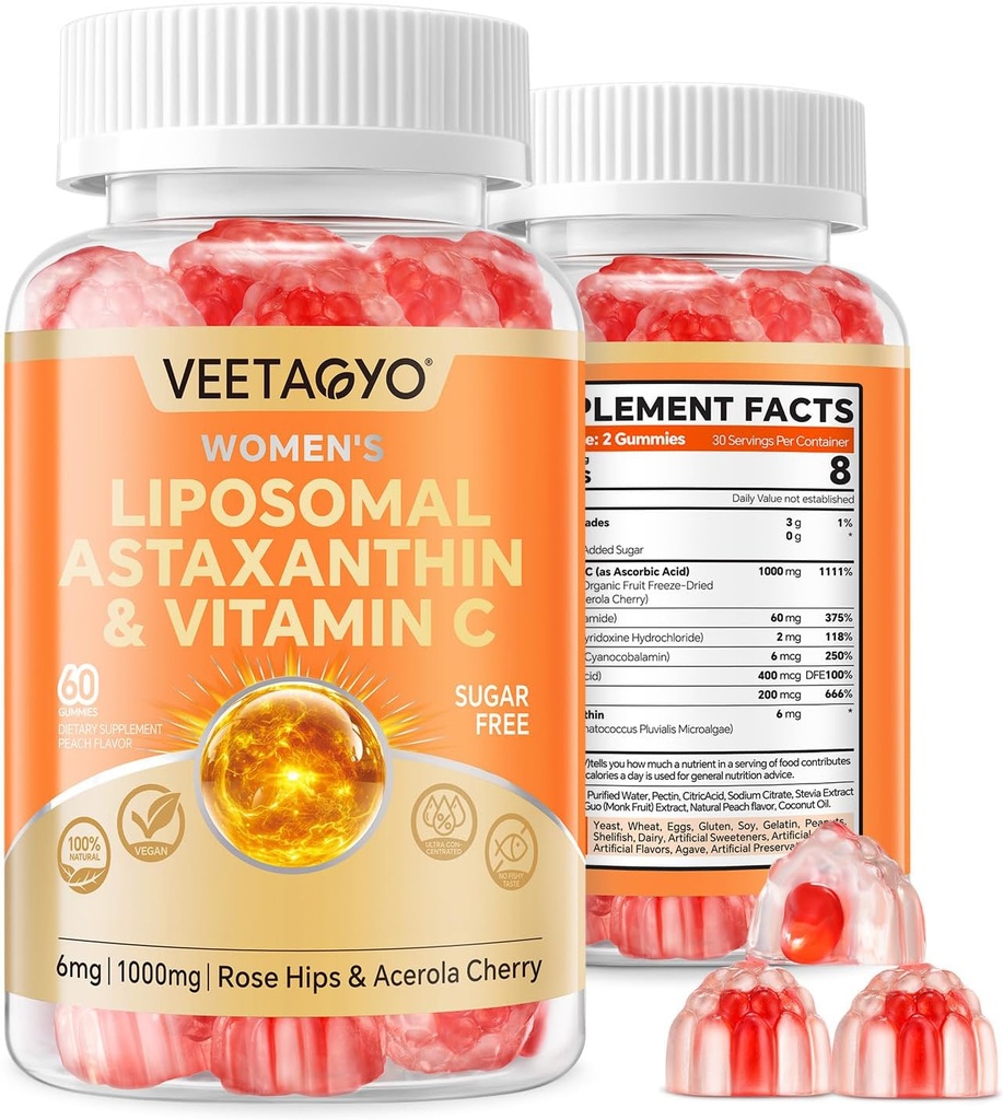 Astaxanthin Ergänzungen 6mg + Liposomale Vitamin C 1000mg - Dual Layer - Niacin B6,B12,Folate,Biotin - Antioxidantien - Gelatin Free,Sugar Free,60Cts