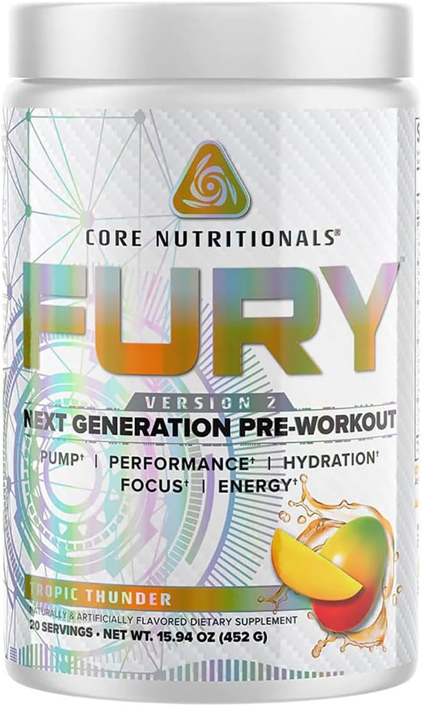 Nutritionnel de base Fury V2 : Poudre de pré-entraînement pour maximiser les performances dans la caféine W/Zum-XR®, la L-CItruline et l'alpha GPC (40 scoops) (Tonnerre Tropique)