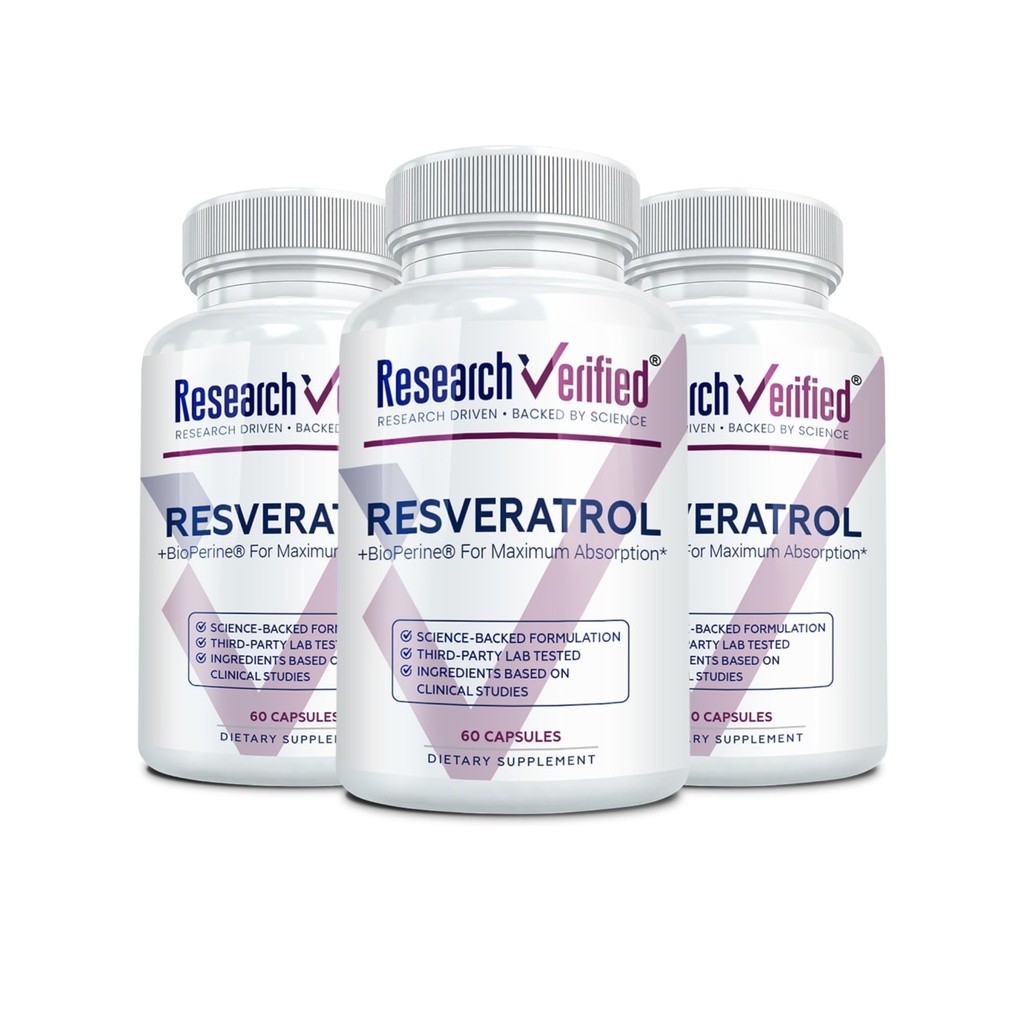 Forschung Verifizierte Resveratrol - 98% Trans-Resveratrol 1000 mg, Anti-Aging Support - 60 Kapseln pro Flasche - 3 Flaschen