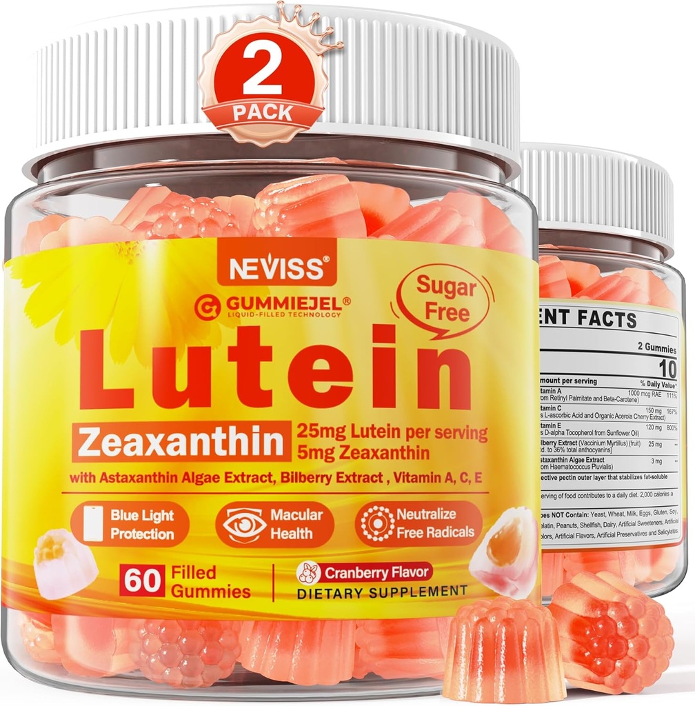 2 Pack Lutein und Zeaxanthin ergänzt Gummie (25mg) Vitamine A, C, E, Bilberry, Astaxanthin - Kokosöl für bessere Absorption - für Erwachsene & Teens Vision, Auge, Gehirn, Haut - Vegan, Sugar Free