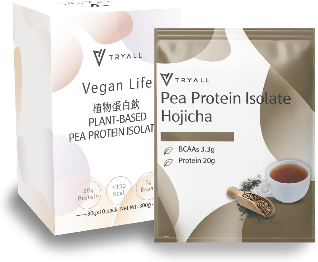 TRYALL Plant Based Pea Protein Pulver Isolieren (20g Protein) Reisebeutel (Hojicha, 10 Packungen)