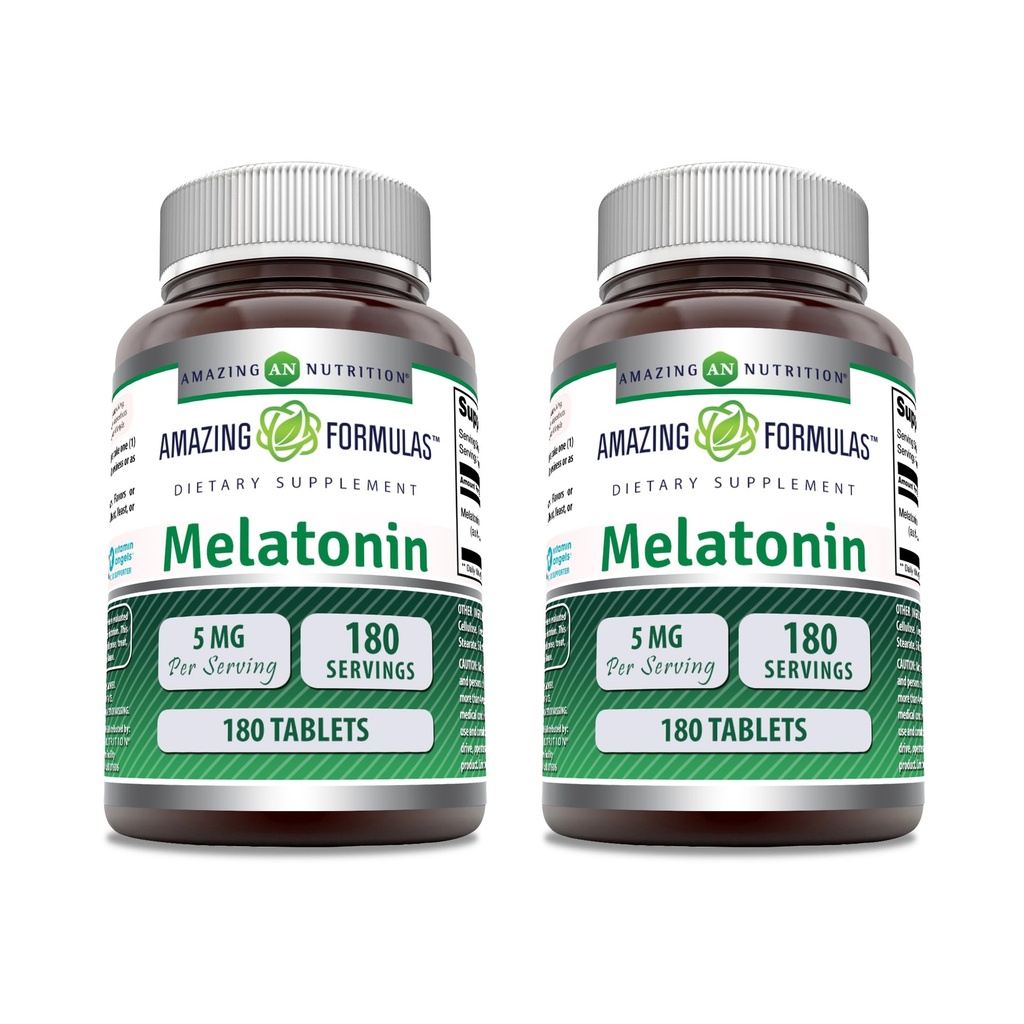Erstaunliche Formeln Melatonin Ergänzung | 5 Mg Pro Servieren | 180 Tabletten | Non-GMO | Gluten Free | Made in USA | Paket von 2