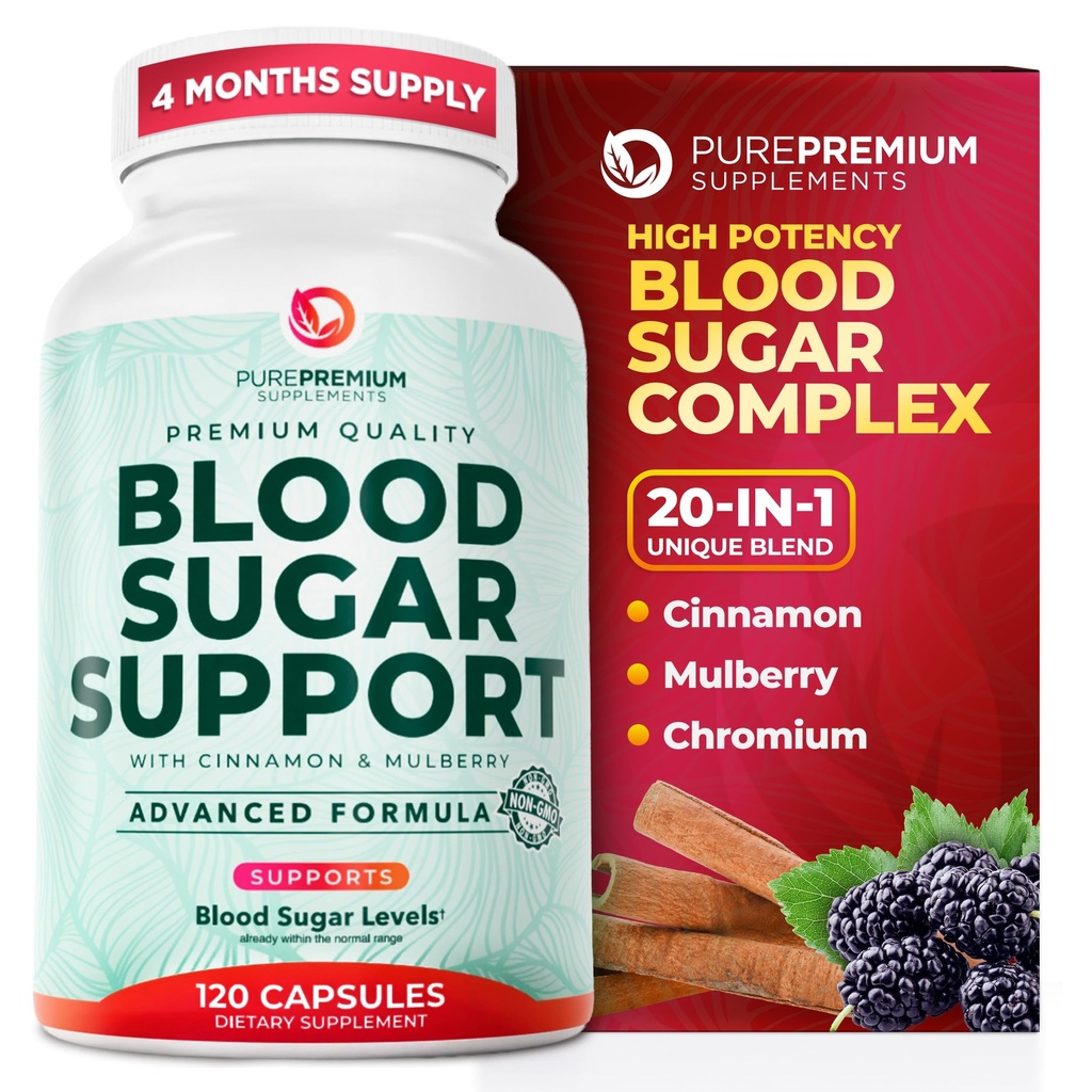 PurePremium Normale Blutzucker-Supplement - 20 Wirkstoffe Komplex zur Unterstützung von Blutzuckerspiegeln bereits im Normalbereich - mit Cinnamon, Bitter Melon, Chrom, Mulberry - 120ct