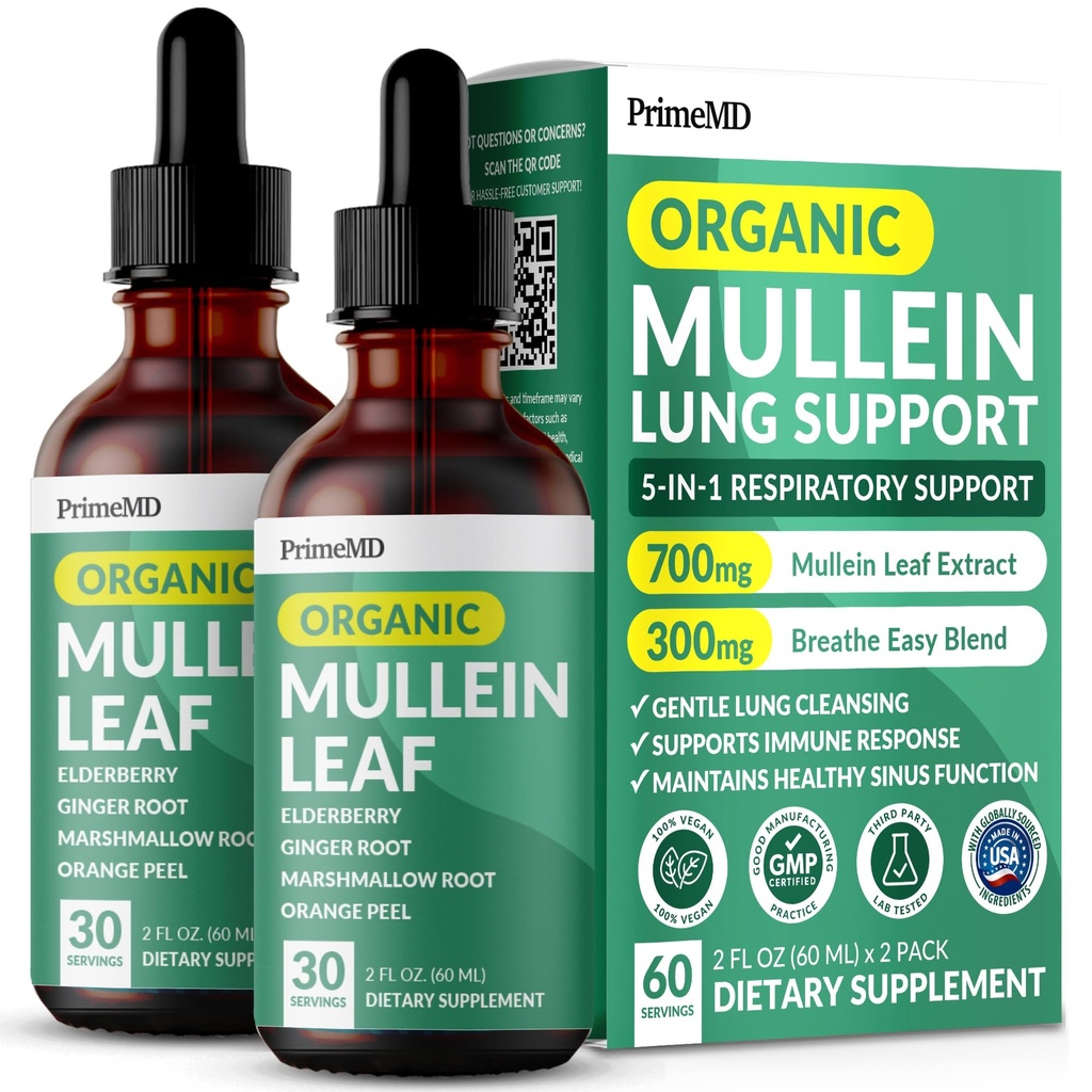 5-in-1 Mullein Tropfen für Lunge und Bronchial - Respiratory Lung Health Support mit Mullen Blatt Extrakt für Lunge - Mullein Tinktur mit Elderberry, Echinacea und Ginger Root (60 Servietten) (2-pack)