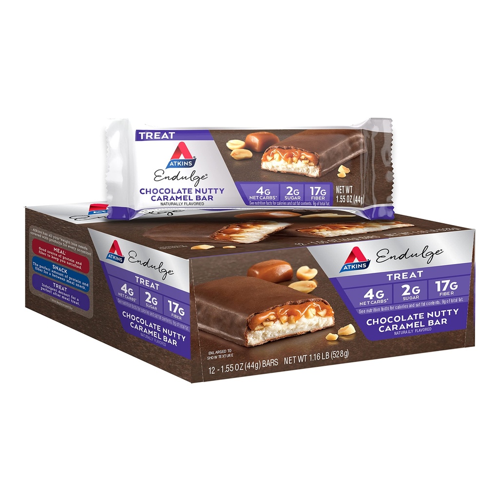 Atkins Endulge Chocolate Nutty Caramel Bar, Dessert Favorit, 2g Zucker, hoch in Fiber, Keto Friendly, 12 Count