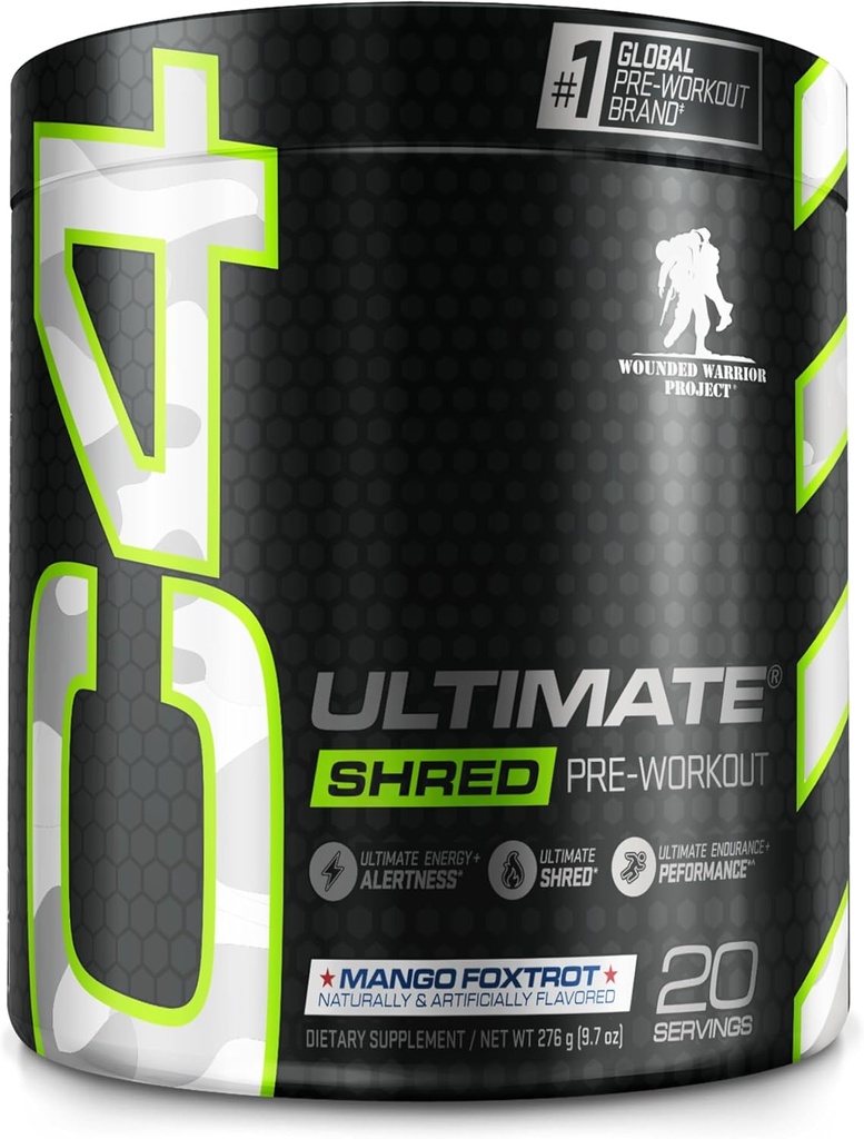 Cellucor C4 Ultimate Shred x Wounded Warrior Project Pre Workout Powder, Fat Burner für Männer und Frauen, Weight Loss Supplement mit Ginger Root Extract, Mango Foxtrot, 20 Portionen (Pack von 1)