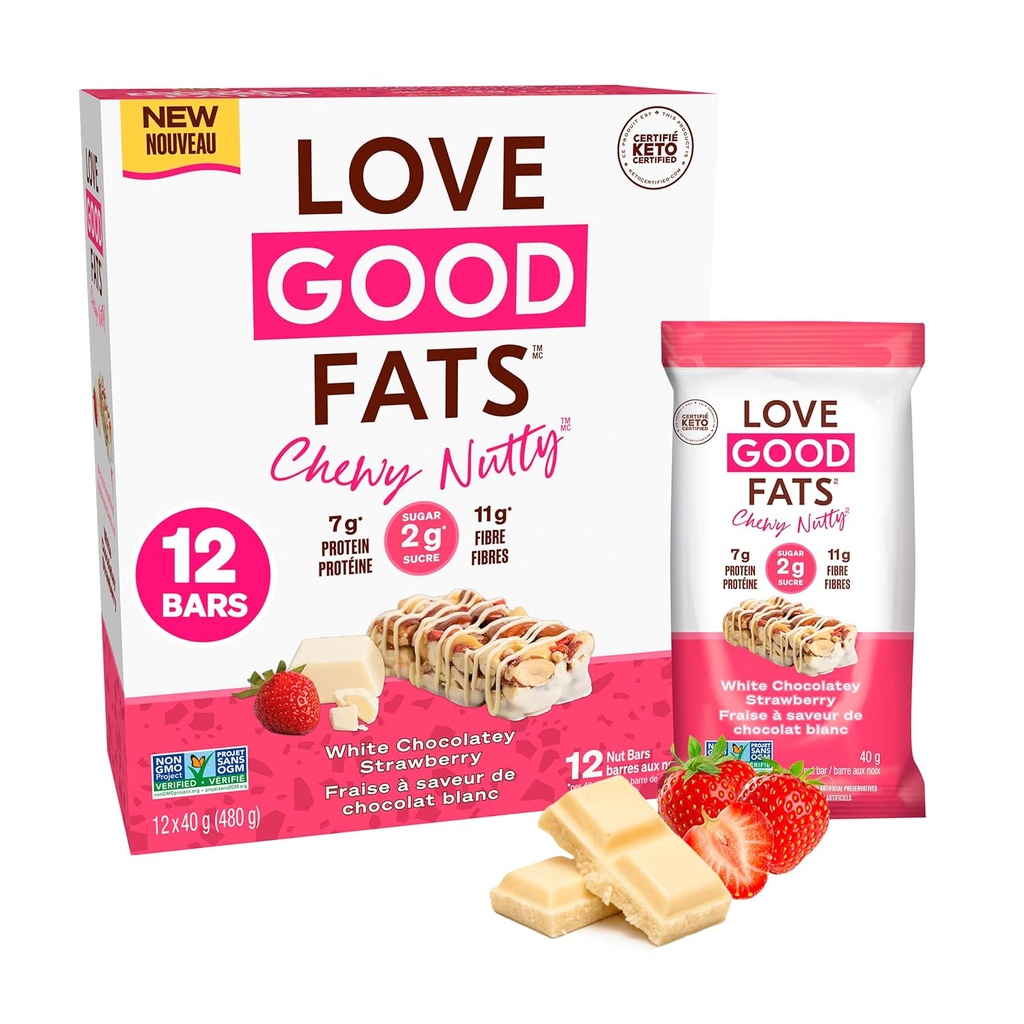 Love Good Fats Chewy Nutty White Chocolatey Strawberry Keto Bars - Low Carb Protein Snacks - 12 Packung (1.59oz / 45g jede Bar)