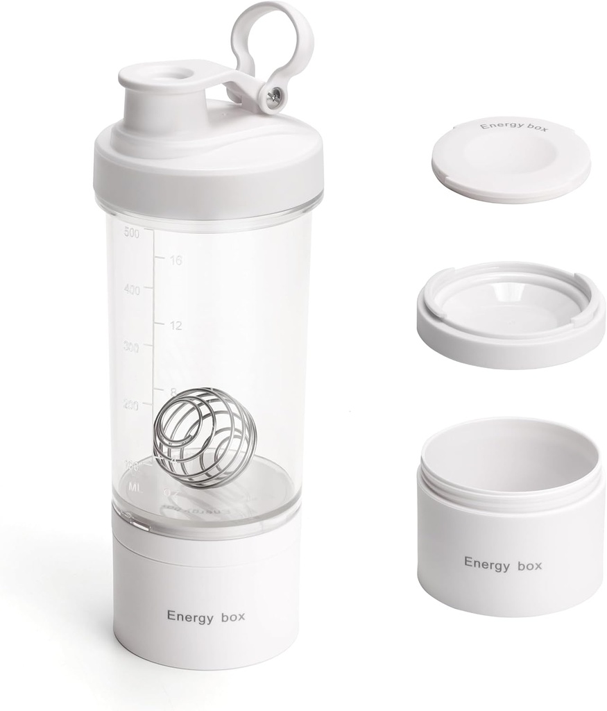 Blender Protein Shaker Bouteille Tritan avec Pill/Powder Conteneur de stockage pour les shakes de protéines-avant l'entraînement bouteille-Mixer Coupe-Gym Sport bouteille d'eau avec fil boules de fouet blanc