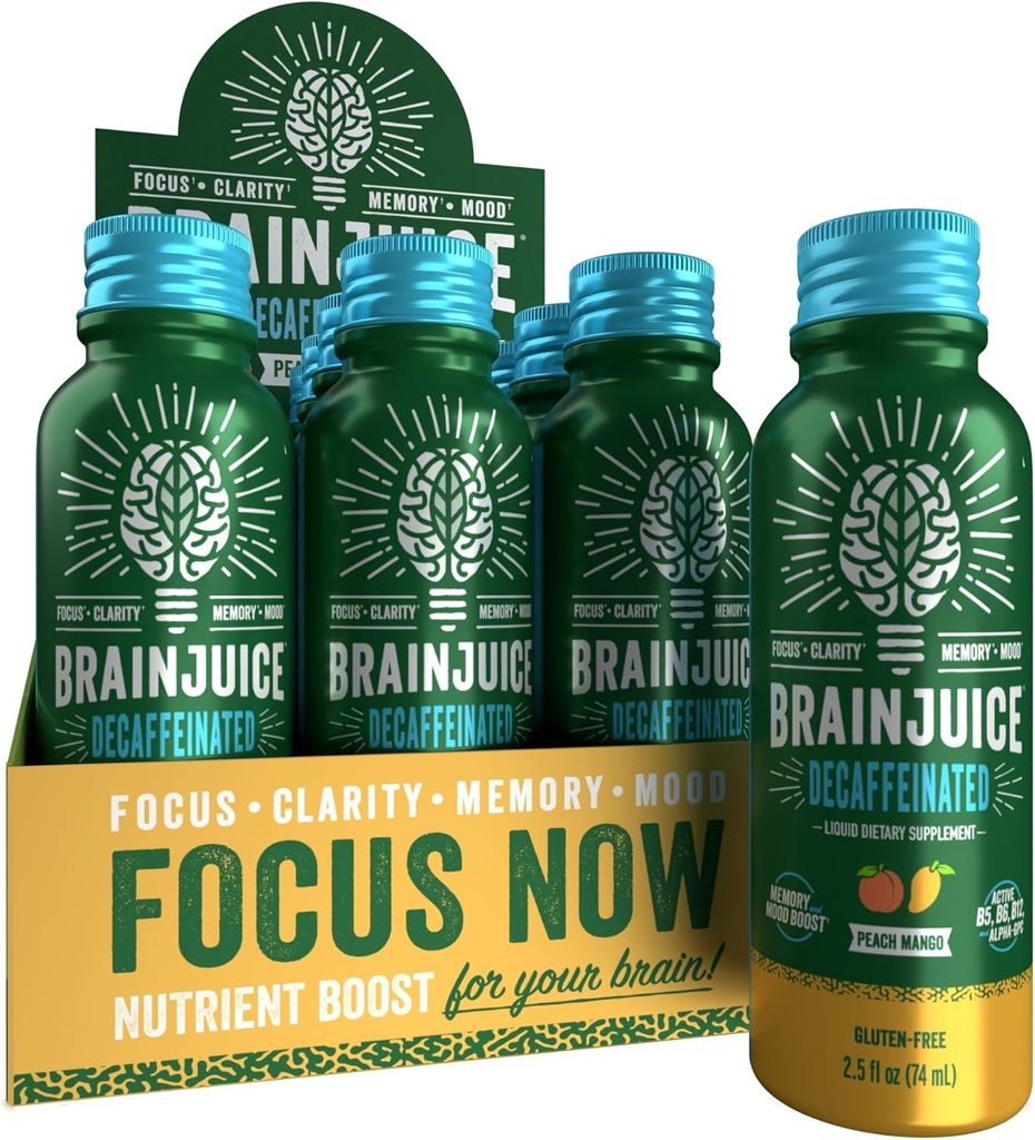 BrainJuice Decaf Cerveau Soutien Shot, Gluten Sans Supplément Shots pour l'énergie et Focus, Boissons saines avec Alpha GPC, Vitamine B & Décaféiné Feuille de thé vert, Pêche Mangue, 2,5 fl oz, 12 Pack